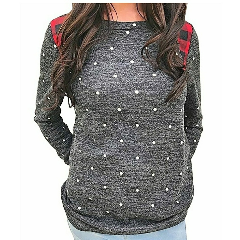 Polka dot buffalo plaid elbow sweater